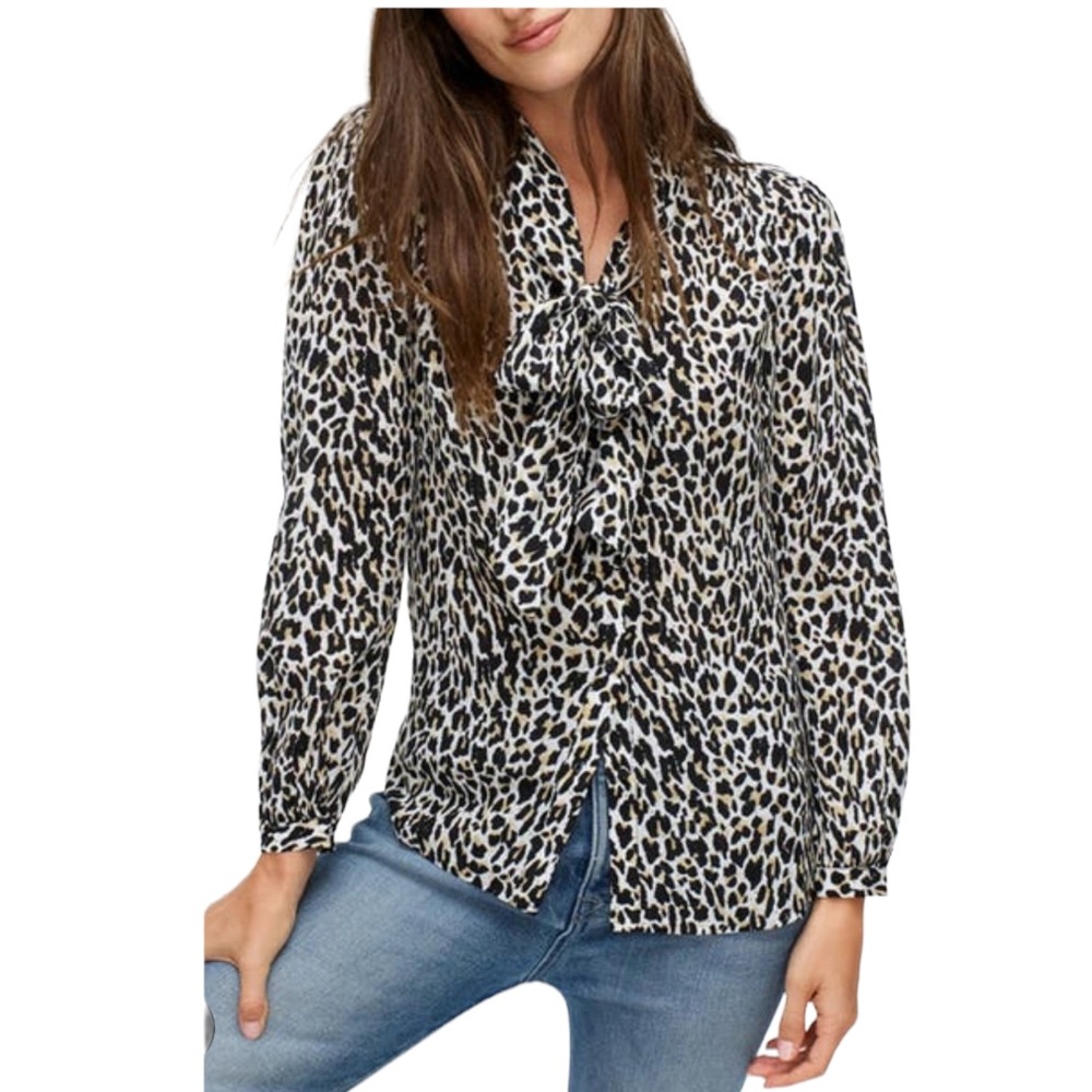 J. Crew Silk Leopard Cheetah Print Tie Neck Blouse Black Tan Top Size Small